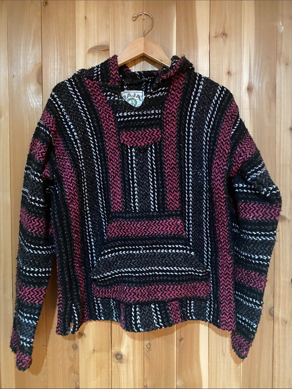 Striped Baja Hooded Sweater in Black and Deep Pink